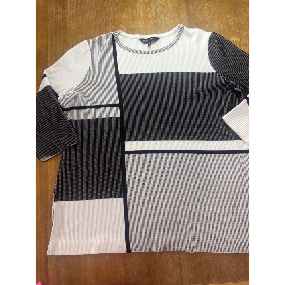 Ming Wang Colorblock Knit Tunic Top Black White Ribbed 3/4 Sleeve XL